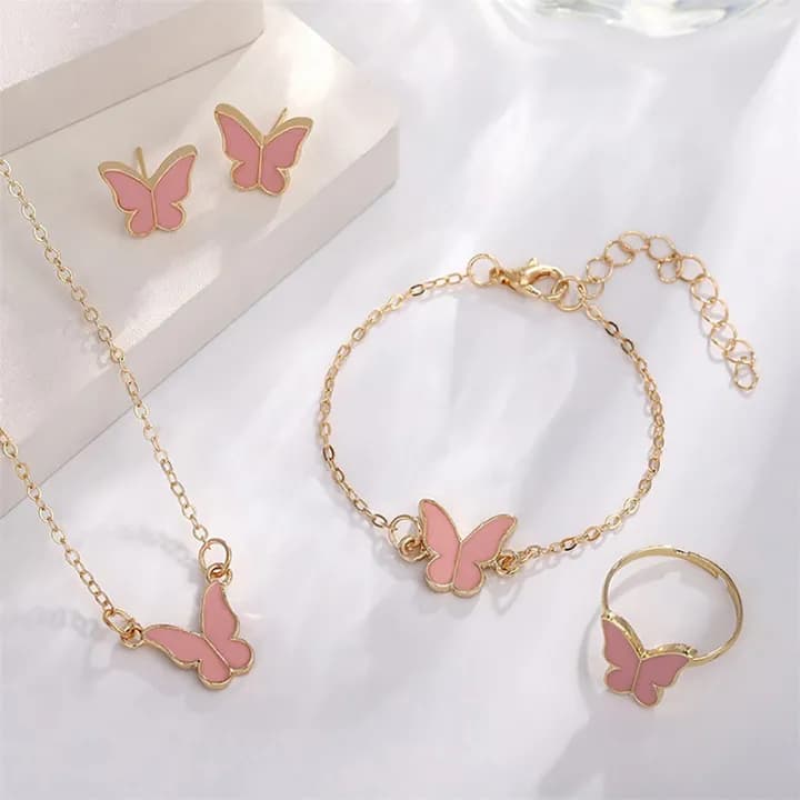 1Set Fashion Exquisite Simple Versatile Butterfly Necklace Bracelet Earrings Ring For Women Girls Wedding Party Jewelry Set Gift XIEGONG